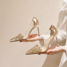 Dress Shoes 2023 Women Pumps Luxury Crystal Slingback Transparent High Heels Ladies Pointed Champagne Party Wedding