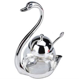 Herb Spice Tools Kitchen Tableware Sugar Pots Zinc Alloy Swan Glass Seasoning Box Salt Shaker Caster Flavoring Sugar Bottle With Spoon 230720