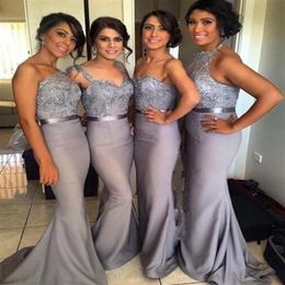 Silver Grey Mermaid Long Bridesmaid Dresses with Applique Lace Ribbon One-Shoulder Vestidos Lady wear Wedding Formal Party Gowns 2267F