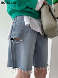 Women's Shorts BGTEEVER Spring Summer Loose Ripped Holes Ladies Wide Leg Jeans High Waist Pockets Straight Women Denim 230720