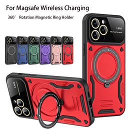 Hybrid Armour Shockproof MagSafe Magnetic Stand Case For Iphone 15 13 11 14 Pro Max Finger Ring Bracket Wireless Charging Cover With Lens Camera Protection Shockproof