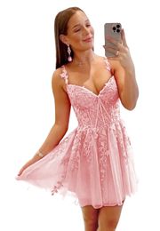 Short Homecoming Dresses Deep V-Neck Spaghetti Appliques A-Line Tulle Party Gowns Princess Plus Size Mini Birthday Prom Graudation Cocktail Party Gowns 77