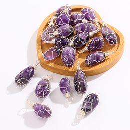 Natural Amethyst Stone Hand Copper Wire Wrap Pendant Crystal Charms for Necklace Earrings Jewellery Making Accessory