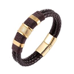 Classic Stainless Steel Men's Leather Bracelet Woven Leather Rope Wrapping Double-layer DIY Customization Bangle229e