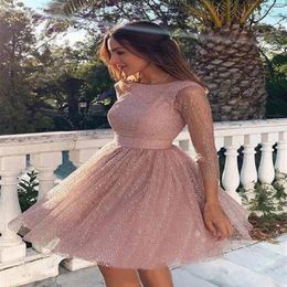 Rose Pink Sequins Tulle Party Prom Dresses Knee Length With Long Sleeve Round Neckline Empire Waist A-line Homecoming Pageant Dres240U