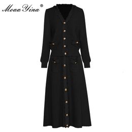 Two Piece Dress MoaaYina Autumn Winter Runway Black Knitted Set Women V neck Long Sleeve Loose Coat Single Breasted Skirt 2 Pieces Suit 230721