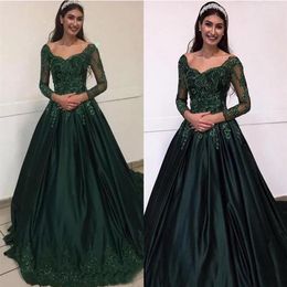 2022 Dark Green Long Sleeve Prom Dresses Quinceanera A-line Applique Beaded Satin Formal Evening Gowns Elegant Womens Special Occa332O