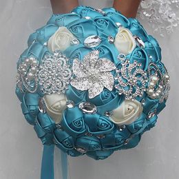 White Blue Wedding Bridal Bouquets Simulation Flower Wedding Supplies Artificial Flower Crystal Sweet 15 Quinceanera Bouquets W228259Q