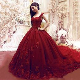 Arabic Red Off The Shoulder Wedding Dresses Ball Gowns 2021 With 3D Flowers Robe de soiree Lace Bridal Dress Princes317Z