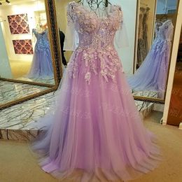 Light Purple prom dresses fairy long sleeves sweep train pleats tulle applique with beading lace-up back runway gowns sexy illusio233l