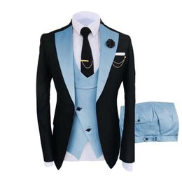 Excellent Black 3 Piece Suit Men Wedding Tuxedos Light Blue Notch Lapel Groom Business Dinner Prom BlazerJacket Pants Tie Vest 8303E