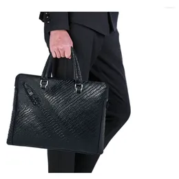 Briefcases Smart Fingerprint Unlocked Cow Leather Crocodile Embossed Men's Briefcase 14 Inch Business Laptop Bag Horizontal Square Handbag