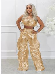 Women's Two Piece Pants INS Bronzing Woman Set Vest Crop Top Side Ruched Suits Tracksuit Summer Y2K Clothes Sexy 2 Sets Womens Outfits