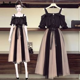 Two Piece Dress Women Summer Clothing Suit Fashion Slash Neck Black Shirt Skirts Set Korean Sweet Girls Flare Sleeve Layers Mesh Bow-Knot Dress 230720