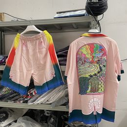 Mens Casual Shirts Summer Pink Beach Rainbow Print Casablanca Shirt Men Women Hawaiian Casa Blanca Tee 230720