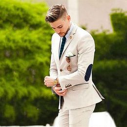 Handsome Beige Mens Suits Wedding Tuxedos Elbow Patches Business Casual Groom Formal Wear Trim Fit Male Blazers 2 Pieces Jacket Pa316y