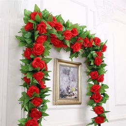 250CM many silk roses ivy vines and green leaves for family wedding decoration fake leaves diy hanging wreath artificial flowers1243h