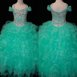 Crystals Mint Green Flower Girls Dresses Long Little Girl's Pageant Toddler Kids For Girl Infant Cheap Glitz Communion Prom B186Y