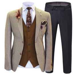 Newest Men Suits 3 Pieces Plaid Bridegroom Suits Slim Fit Notched Lapel Solid Prom Wedding Tuxedos Brown Vest Men Suit SetJacket 273v