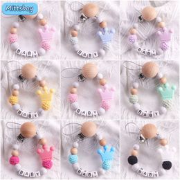 Baby Teethers Toys est Custom Personalized Name Pacifier Clips Handmade Beech Chains Silicone Beads Holder Soother Baby Teething Toys Chew Gift 230721