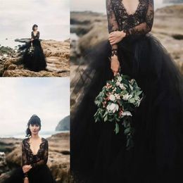 Vintage Black Bohemia Wedding Dresses Backless with Illusion Long Sleeve Puffy Tulle Boho Cheap Gothic Formal 2020 Wedding Party B268d