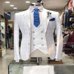 Summer Handsome White Plaid Groom Wear Peaked Lapel Slim Fit Wedding Tuxedos Mens Designer Pants Suits Jacket Vest Pants223C