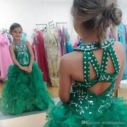 Green Girls Pageant Dresses For Teens Ball Gown Organza Beaded Flower Girls Little Princess Girl Party Dress2547