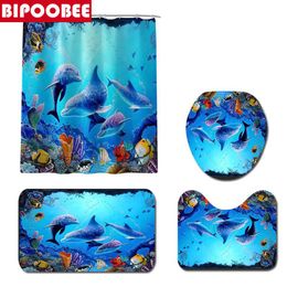 Cushion Ocean Underwater World Cheerful Dolphin 3d Printing Waterproof Shower Curtain with Rug Toilet Cover Bath Mat Set Bathroom Decor