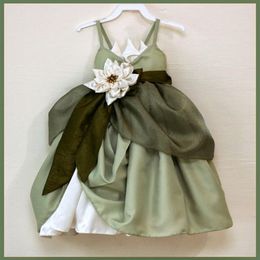 Army Green Spaghetti Flower Girl Dresses For Wedding 2017 Handmade Flower Ruffles Beaded Girls Pageant Gowns Custom Made Kids Form294W