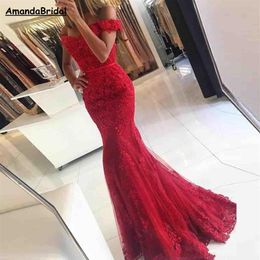 Red Long Prom Dresses Mermaid Off The Shoulder Beaded Lace Backless Appliques Formal Party Gown Evening Dresses Plus Special Occas231w