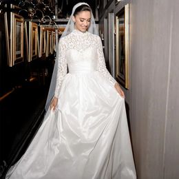 Elegant Lace Top Church A Line Wedding Dresses High Neck Long Sleeve Bridal Gowns Pleat Princess Muslim Wedding Dress