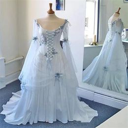 Vintage Celtic Corset Evening Dresses with Long Sleeve Plus Size Sky Blue Medieval Halloween Prom Party Gowns Gothic Corset Pagean243A