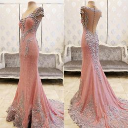 Bling Bling Elegant Pink Long Mermaid Evening Dresses Crystal Beaded Short Sleeves Women Crystal Beaded Formal Prom Dress274G