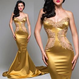 Elegant Gold Mermaid Formal Dresses Evening Wear Beaded Strapless Neck Evening Gowns Appliques Sweep Train Satin Prom Dress robes 337o