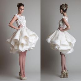2019 Sexy White Short Lace Wedding Dresses Appliques ivory sleeve Dresses knee length A line Wedding Dress Tiers Short Dresses330C