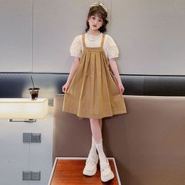 2023 Summer Girls FALSE TWO Children Casual cotton Princess Teenager backless overalls pleated dress mesh lace 5 7 9 10 12 year
