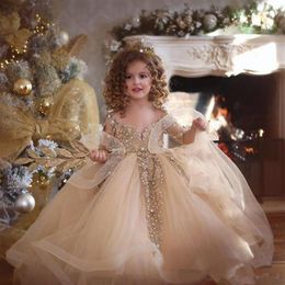 Champagne Ball Gown Girls Pageant Dresses Long Sleeves Pearls Lace Applique Princess Tulle Puffy Kids Flower Girls Birthday Gowns254B