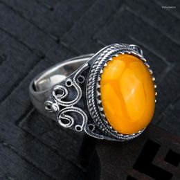 Wedding Rings S925 Silver Ring Support Empty Mouth Opening Female Honey Wax Amber Lazurite DIY Accessories 10.5 14