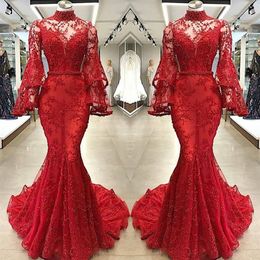 Red Lace Mermaid Evening Dresses Sexy Illusion Poet Long Sleeves High Neck Appliqued Beaded Long Party Pageant Gowns Prom Dress285f