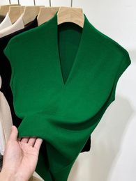 Women's T Shirts Shirt For Women Ice Silk Knitting Solid Color Slimming Woman T-shirt 2023 Korean Fashion Summer Casual Green V-neck Tank