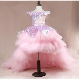 High Low Girls Pageant Gowns Lace Applique Sleeveless Flower Girl Dresses for Wedding Purple Tulle Puffy Sequined Kids Communion D265e
