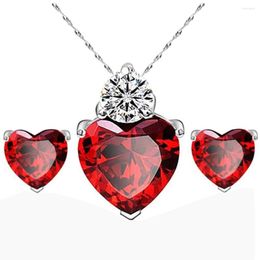 Necklace Earrings Set Red Heart Zircon Bridal Jewelry