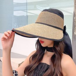 Wide Brim Hats Summer Straw For Women Beach Hat Empty Top Female Sun UV Protection Foldable Chapeau Girl Bowknot Cap