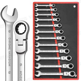 Flex Head Ratcheting Wrench Set Metric Ratchet Combination Wrenches Cr-v Steel Gear Ring Spanner Set with Rolling Pouch