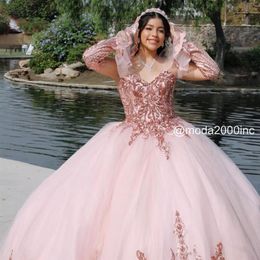 2022 Quinceanera-Kleider mit glitzernder Rosegold-Spitzenapplikation, zweiteilig, abnehmbare Ärmel, Juliet-Ballkleid, lang, mexikanisch, Sweet 15, Charr1996