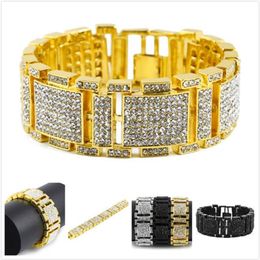 New Fashion Stainless Steel Bling Full Diamond Gold Silver Black Hip Hop Mens Watch Band Chain Bracelet Rapper Wristband Jewellery f294b