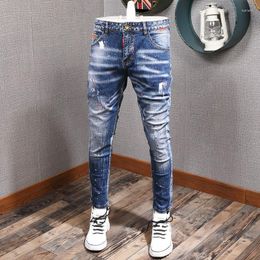 Men's Jeans Fashion Streetwear Men Retro Blue Elastic Slim Fit Ripped Painted Designer Hip Hop Denim Pencil Pants