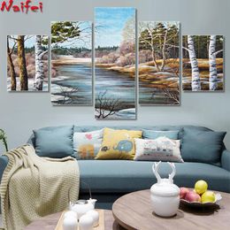 Craft New 5d Diamond Painting 5 Pieces Forest Tree River Landscape Wall Art Diamond Mosaic Full Square Round Drill Diamond Embroidery