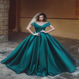 Sexy Teal Ball Gown Prom Quinceanera dresses off shoulders With Sleeves Satin Ruched Corset Back Sweet 16 Dress Evening Formal Gow207q