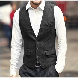 2021 Modest Grey New Wedding Groom Vests Wool Single breasted Herringbone Tweed Vests Groomsmen Vest Mens Suit Vests Waistcoat Cus230Z